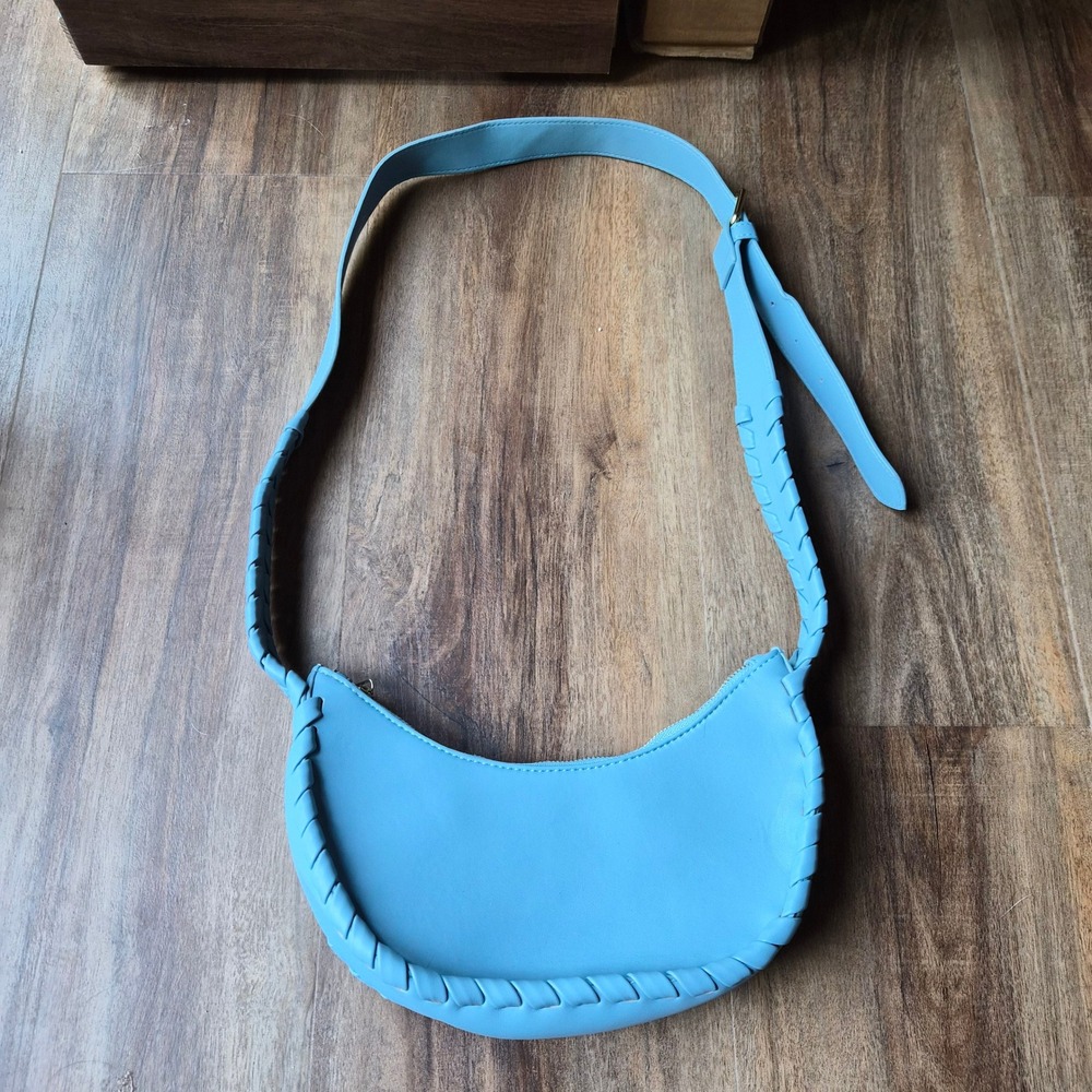 Jules‎ Kae Blue Vegan Leather Crescent Crossbody Bag Whipstitch Trim Gold PETA